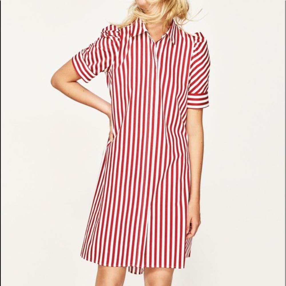 NWT Zara Red White Striped Shirtdress, SZ L